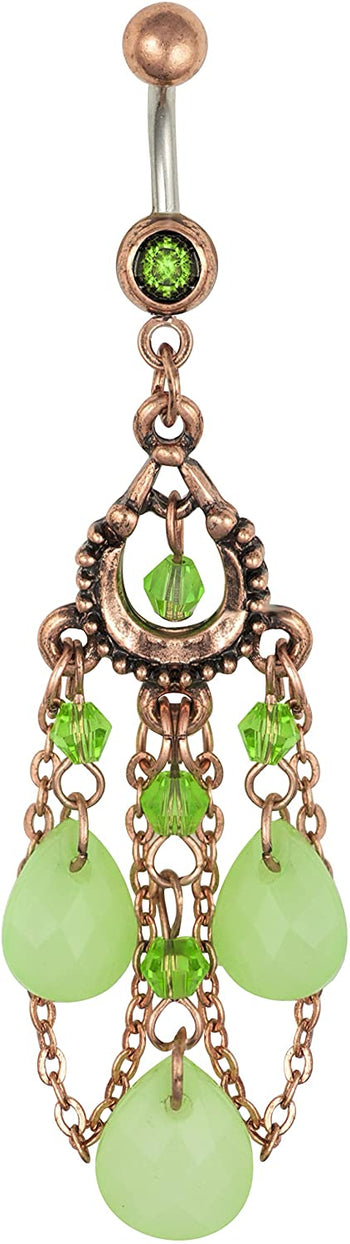 Forbidden Body Jewelry Surgical Steel Vintage Chandelier Dangle Belly Button Ring with Jade Colored Tear Drop Beads