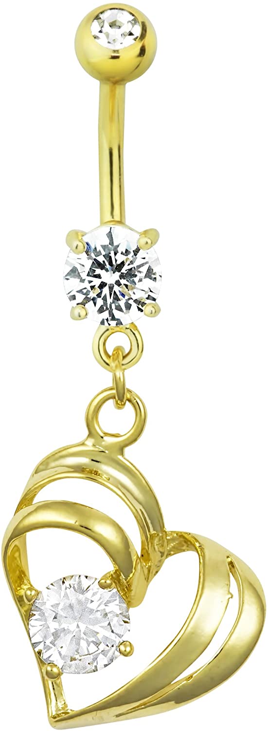 Forbidden Body Jewelry 14kt Gold Plated Surgical Steel CZ Simulated Diamond Double Heart Dangle Belly Button Ring