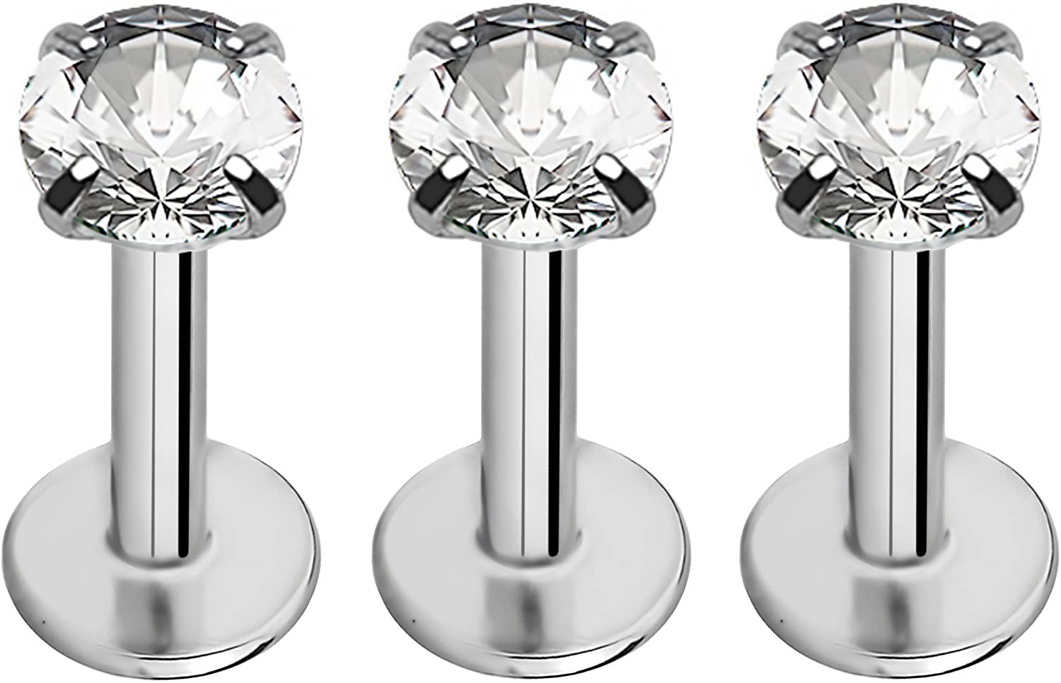 Forbidden Body Jewelry 16g 6-8mm Internally Threaded Surgical Steel Tragus/Helix/Cartilage/Labret Piercing Studs, 2-3mm CZ Top