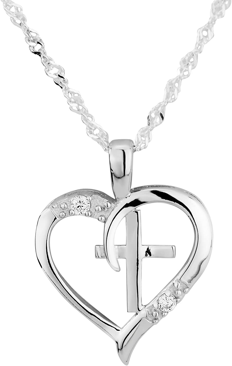 Sterling Silver Heart and Cross CZ Simulated Diamond 18" Singapore Chain Pendant Necklace