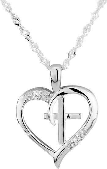 Sterling Silver Heart and Cross CZ Simulated Diamond 18 Singapore Chain Pendant Necklace