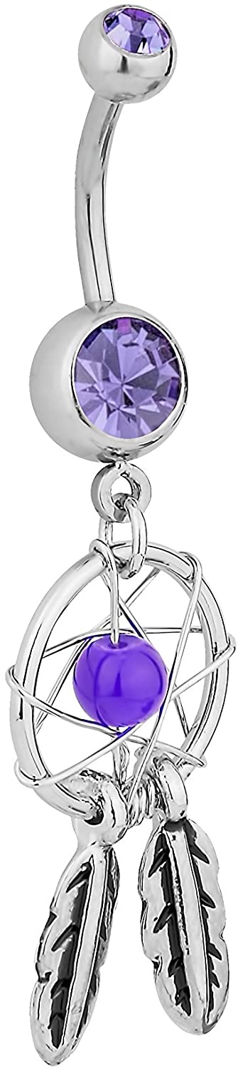 Forbidden Body Jewelry Surgical Steel Purple Double Jeweled Dream Catcher Feathers Dangle Belly Button Ring