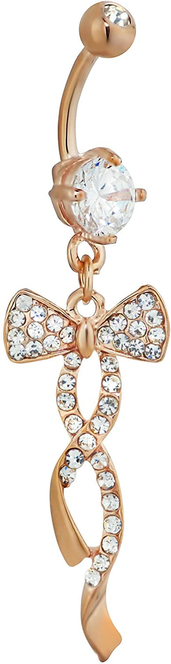 Forbidden Body Jewelry Rose Gold Plated Pave Crystal CZ Pretty Dangle Bow Charm Belly Button Ring