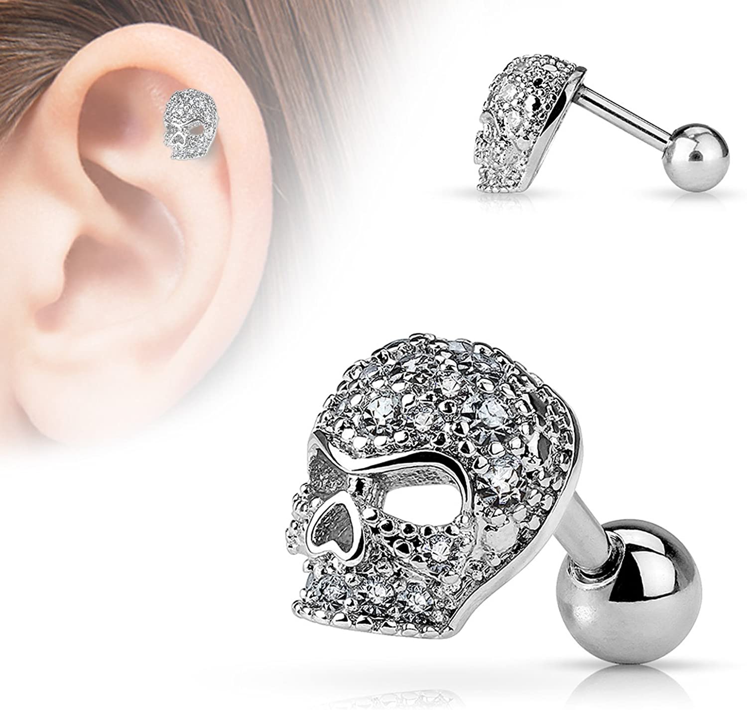 Forbidden Body Jewelry 16g Surgical Steel Micro CZ Paved Skull Cartilage Stud Earring