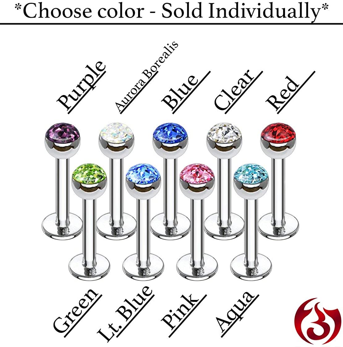 Forbidden Body Jewelry 16g 8mm Surgical Steel Ferido Crystal 4mm Top Cartilage & Labret Stud (Choose Color)