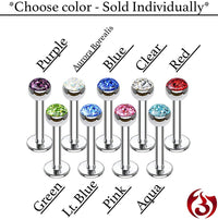 Forbidden Body Jewelry 16g 8mm Surgical Steel Ferido Crystal 4mm Top Cartilage & Labret Stud (Choose Color)