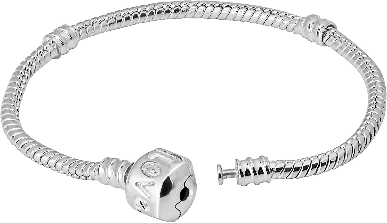 Penny & Piper 6 Inch Sterling Silver Plated Love Snap Barrel Clasp Snake Chain European Charm Bracelet for Kids/Children