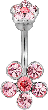 Surgical Steel Double Flower Pink Jeweled Belly Button Ring