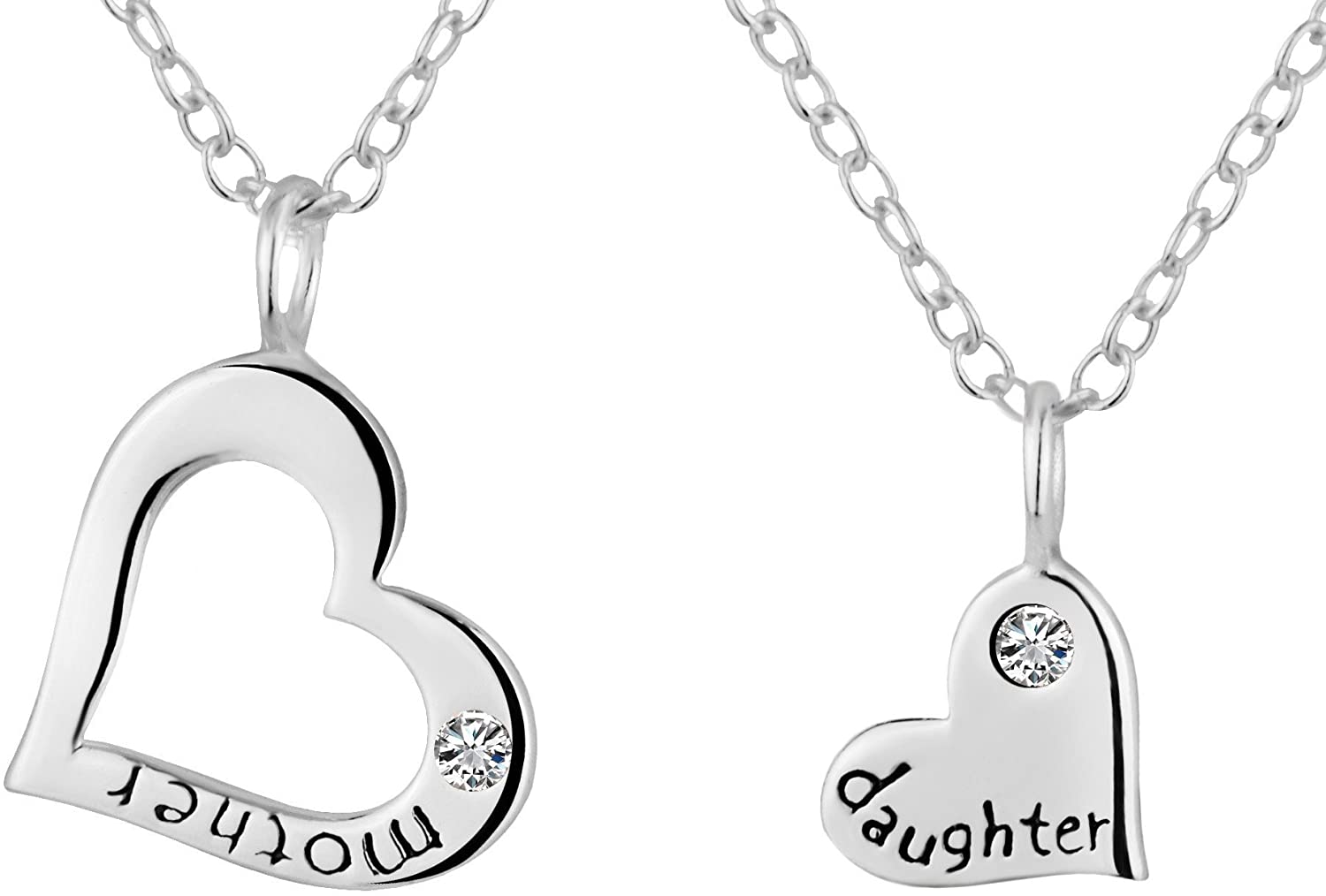 Penny & Piper Mother Daughter Necklaces for 2: .925 Sterling Silver Crystal Heart Charm & Heart Cut Out Necklaces