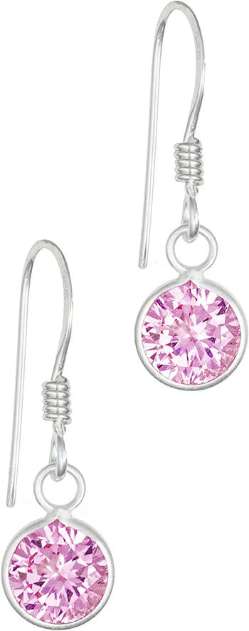 Hypoallergenic Sterling Silver Pink CZ Simulated Diamond Round Dangle Earrings for Kids (Nickel Free)