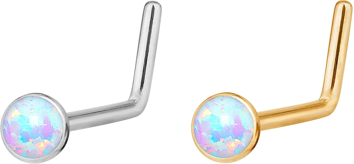 Forbidden Body Jewelry 20g 6mm Surgical Steel, Gold IP Plated & Rose Gold IP Plated Synthetic Opal L-Shape Nose Stud