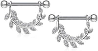 Forbidden Body Jewelry Pair of Surgical Steel 9/16 Inch (14mm) D-Ring Style Pave CZ Leaves Dangle Nipple Barbells