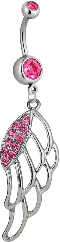 Forbidden Body Jewelry Surgical Steel Pink CZ Pave Jeweled Angel Wing Dangle Belly Button Ring