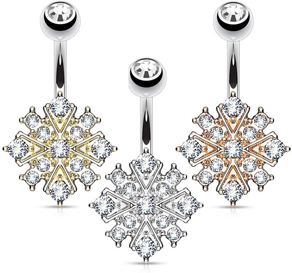 Forbidden Body Jewelry Surgical Steel Crystalline Paved Snowflake Belly Button Ring