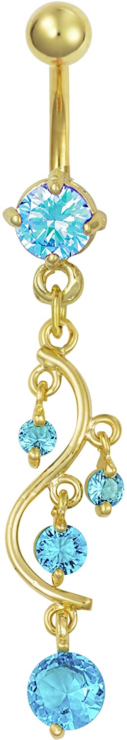 Forbidden Body Jewelry 14kt Gold Plated Surgical Steel Fancy Aqua CZ Crystal Vine Drop Multi Gem Dangle Belly Button Ring