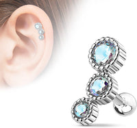 Forbidden Body Jewelry 16g Surgical Steel Cartilage Stud Earring with Curved Triple Round CZ Crystals