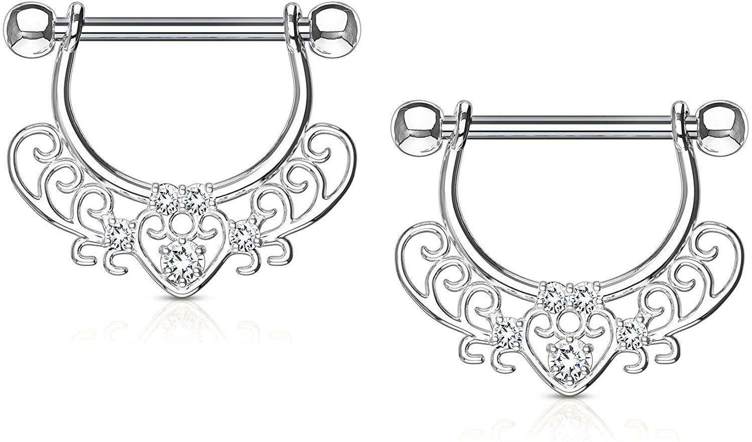 Forbidden Body Jewelry Pair of Surgical Steel 1/2 Inch (12mm) Fancy CZ Heart Filigree D-Ring Dangle Nipple Barbells