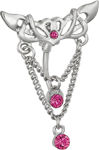 Forbidden Body Jewelry Surgical Steel Reverse Mount Sexy Tribal Pink CZ Jeweled Chains Dangle Belly Button Ring