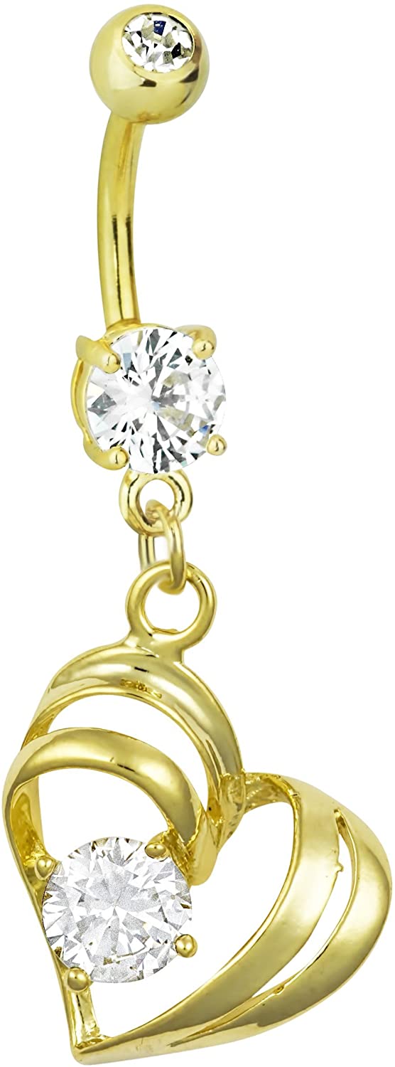 Forbidden Body Jewelry 14kt Gold Plated Surgical Steel CZ Simulated Diamond Double Heart Dangle Belly Button Ring