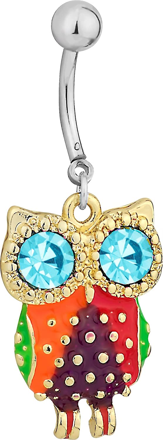 Forbidden Body Jewelry Surgical Steel Colorful Owl Aqua CZ Animal Dangle Belly Button Ring