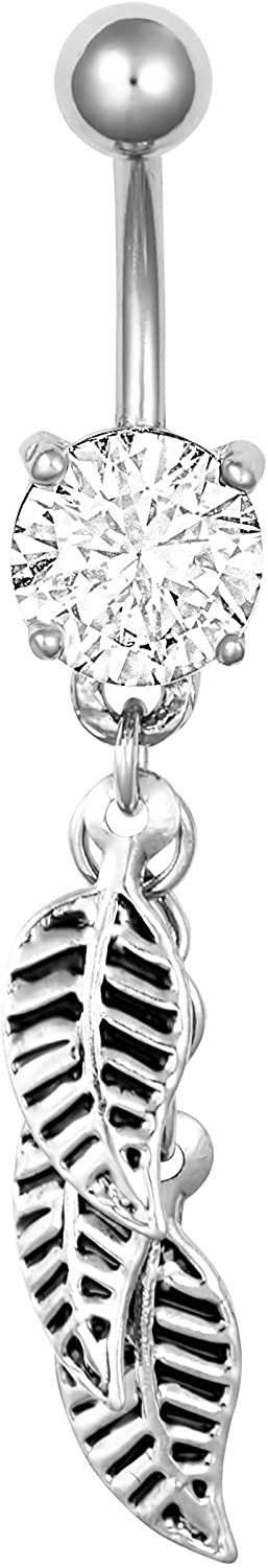 Surgical Steel Jeweled Solitaire Crystal Dangle Feathers Belly Button Ring