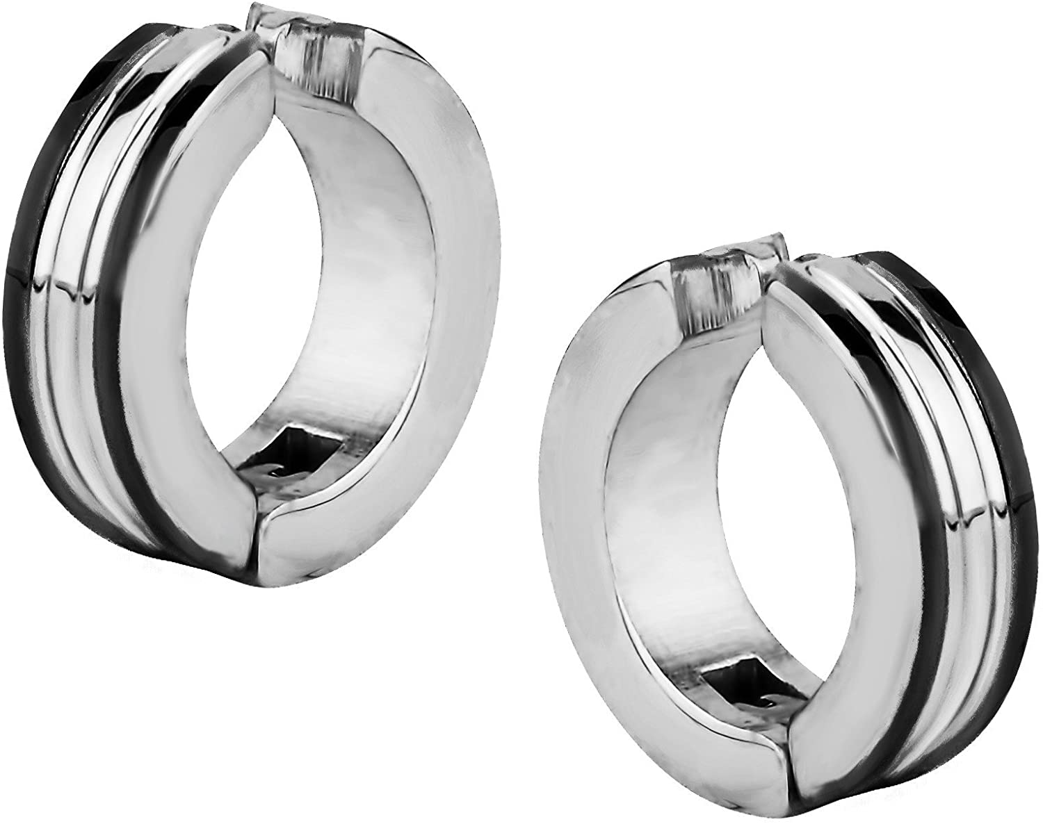 Stainless Steel Two Tone Black IP Plated Clip On Huggie Hoop Earrings