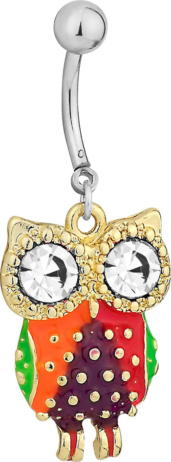 Forbidden Body Jewelry Surgical Steel Colorful Owl CZ Animal Dangle Belly Button Ring