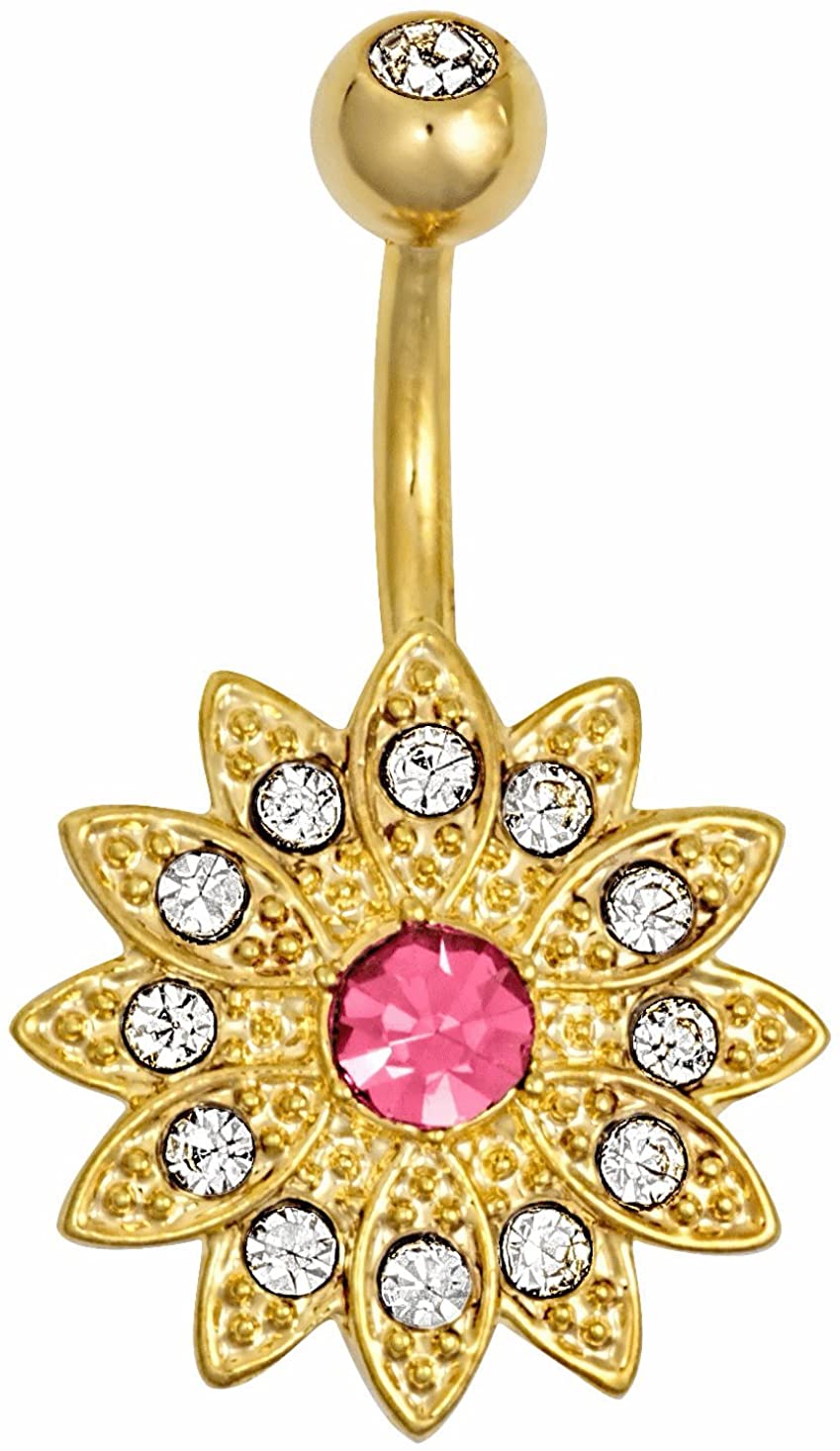 Forbidden Body Jewelry 14Kt Gold Plated 316L Surgical Steel Pave CZ Simulated Diamond Crystal Sun Flower Belly Ring