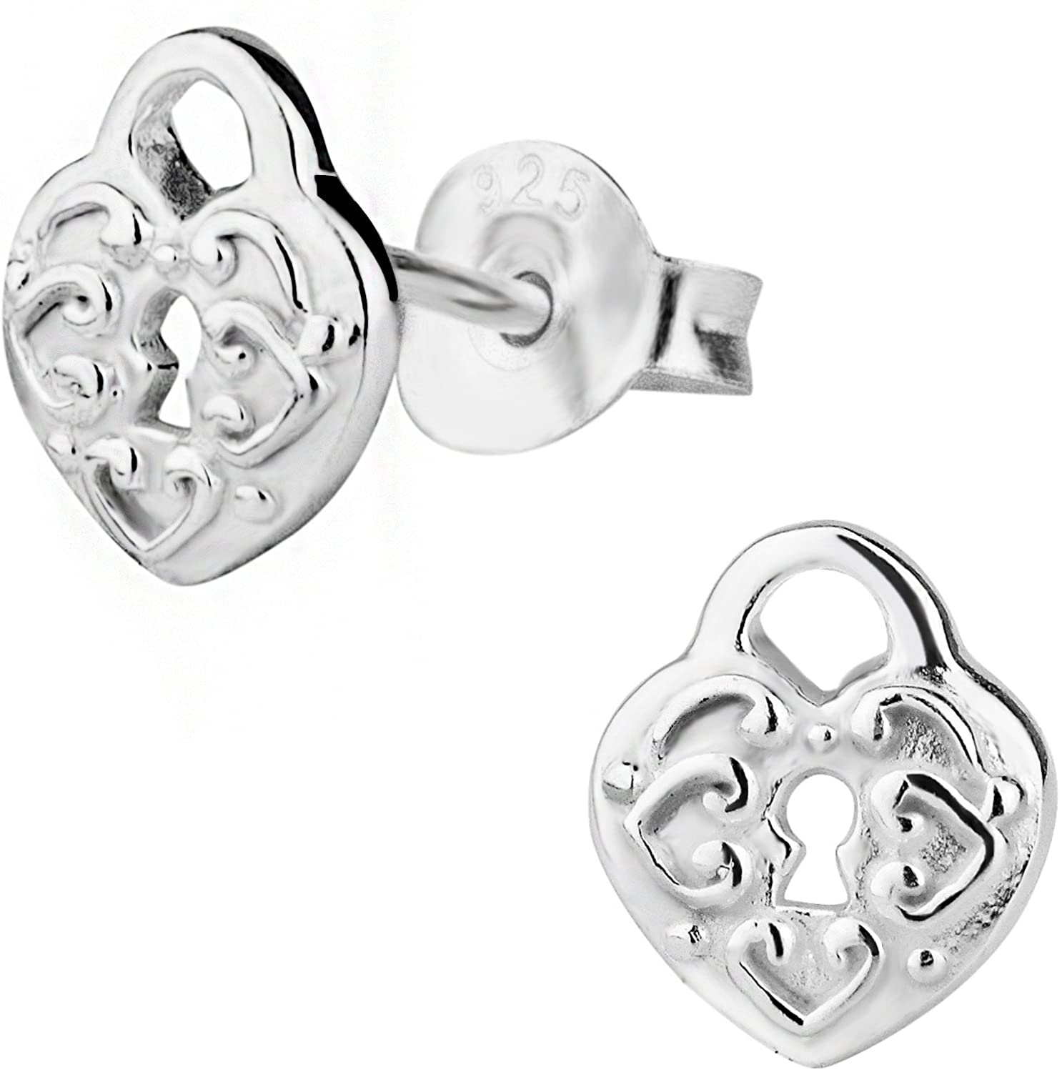 Hypoallergenic Sterling Silver Engraved Heart Lock Stud Earrings for Kids (Nickel Free)