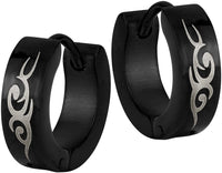 316L Surgical Steel Anodized Black Tribal Symbol Hoop Earrings for Men