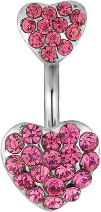 Forbidden Body Jewelry Surgical Steel Pink Pave Jeweled Double Heart Belly Button Ring