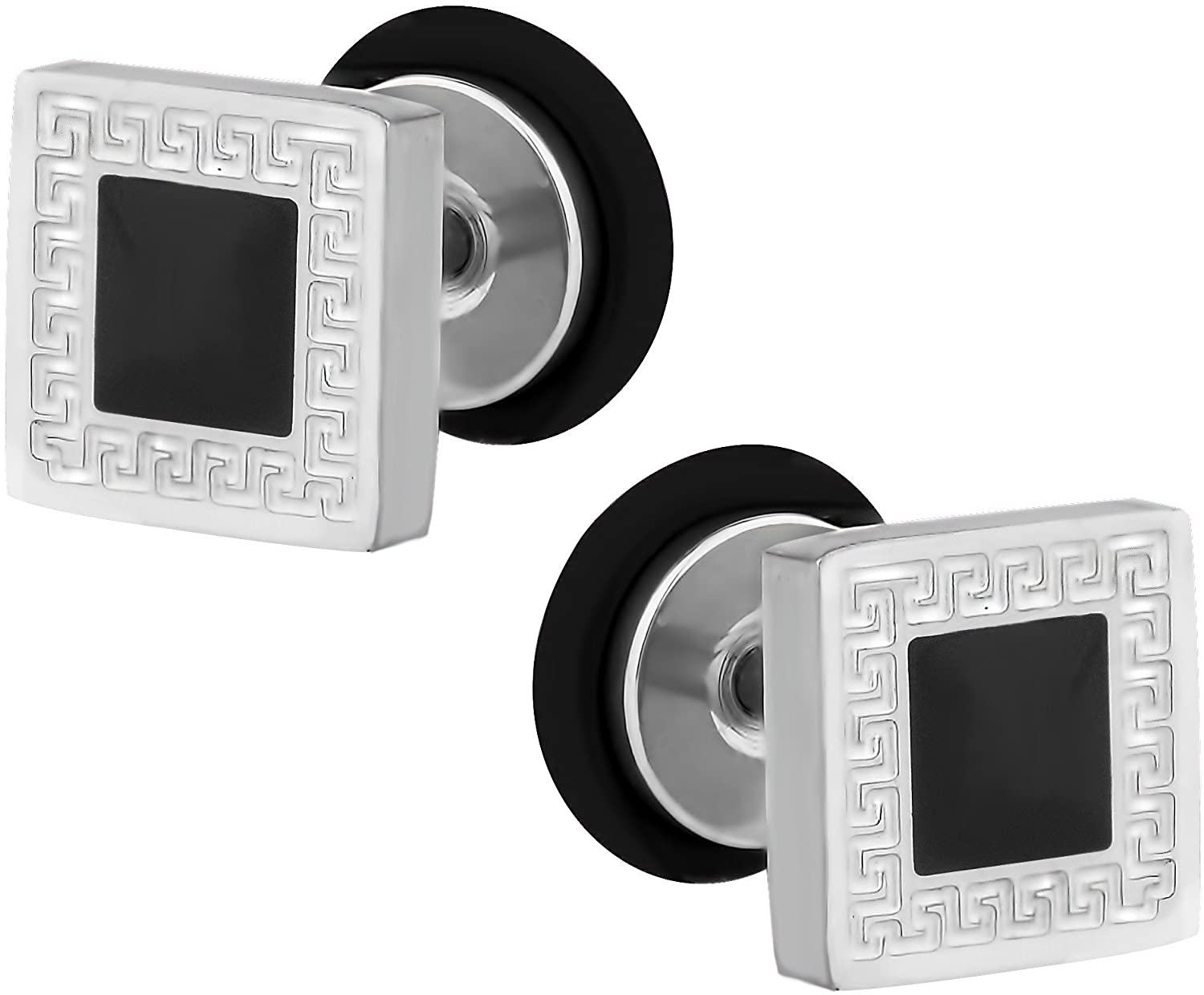 Forbidden Body Jewelry 16g Cheater Plugs: Surgical Steel Black Square Pattern Inlay Fake Cheater Plug Earrings