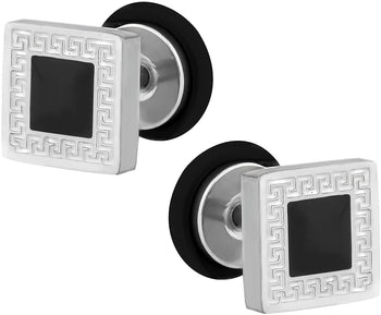 Forbidden Body Jewelry 16g Cheater Plugs: Surgical Steel Black Square Pattern Inlay Fake Cheater Plug Earrings