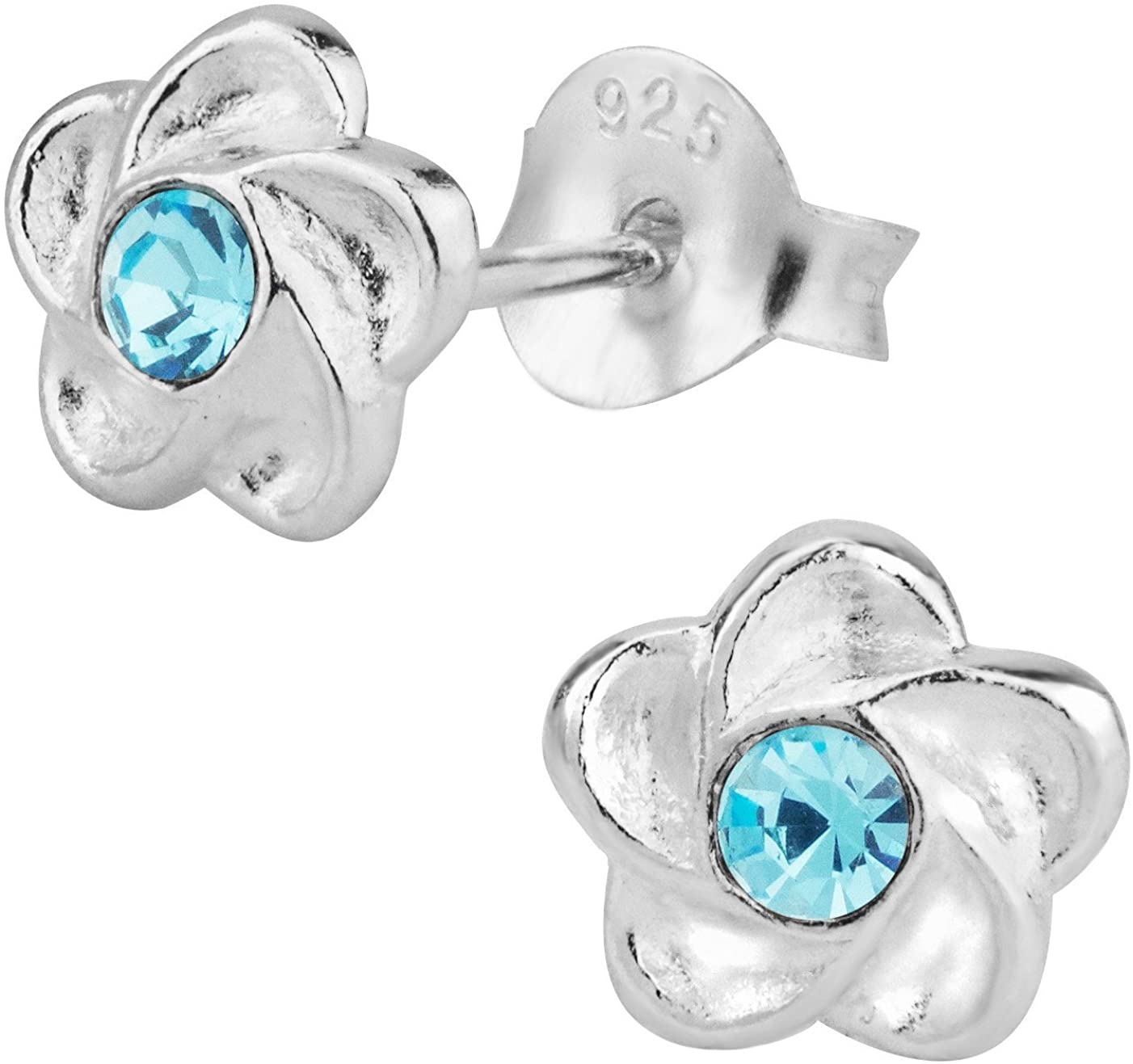 Hypoallergenic Sterling Silver Aqua Jeweled Flower Stud Earrings for Kids (Nickel Free)