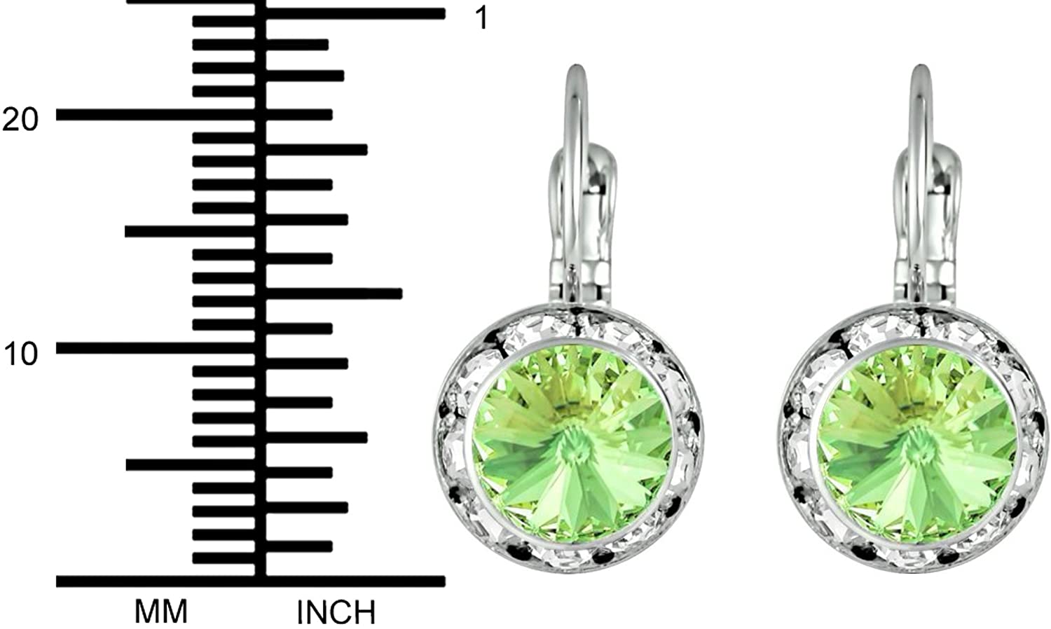 Austrian Crystal Silver Tone Framed Peridot Lever Back Earrings for Women