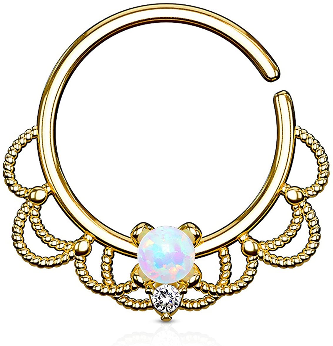 Forbidden Body Jewelry 16g Platinum/Rose Gold/18k Gold Plated Brass CZ or Synthetic Opal Center Filigree Septum/Cartilage Hoop