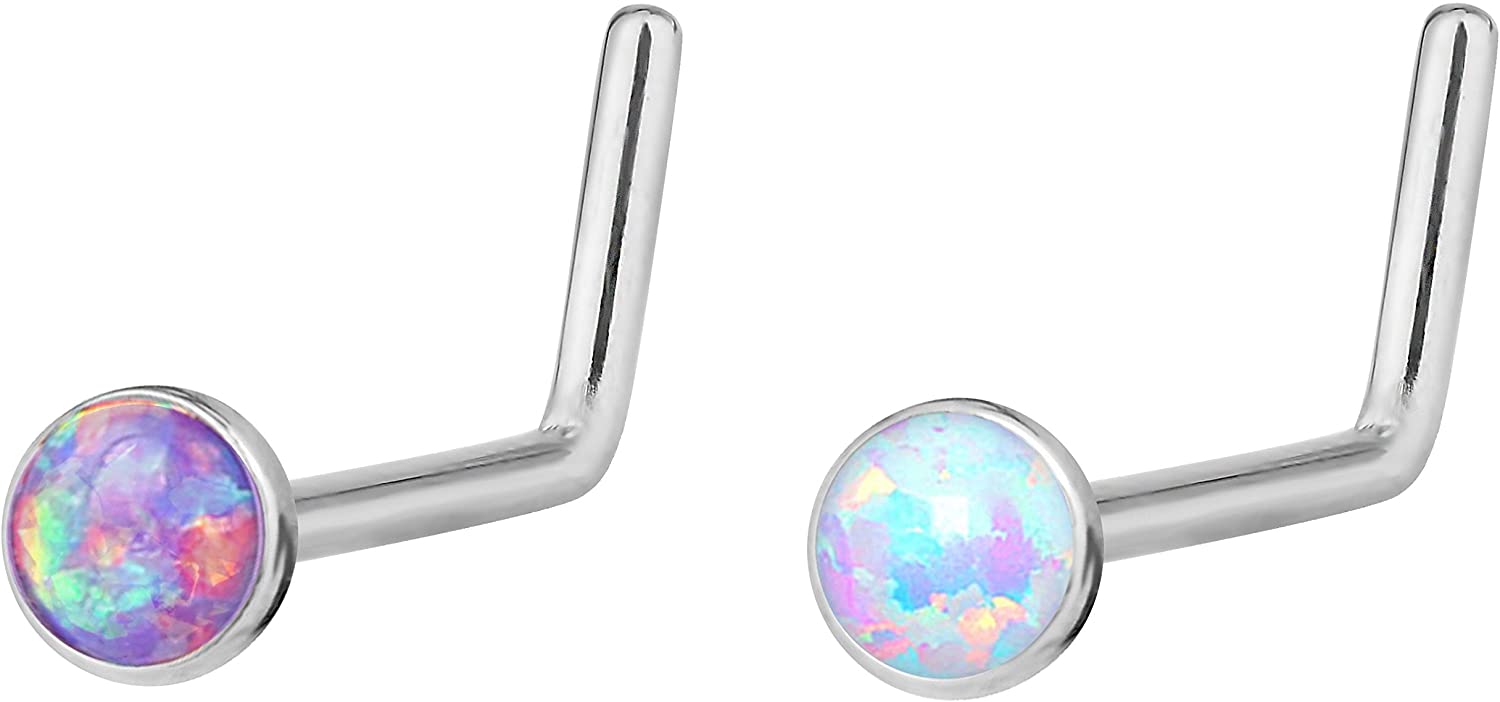 Forbidden Body Jewelry 20g 6mm Surgical Steel, Gold IP Plated & Rose Gold IP Plated Synthetic Opal L-Shape Nose Stud