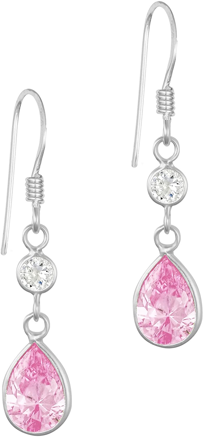 Hypoallergenic Sterling Silver Pink Tear Drop CZ Dangle Earrings for Kids (Nickel Free)