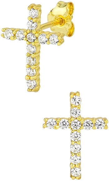 14k Gold Plated Sterling Silver Channel Set CZ Cross Stud Earrings