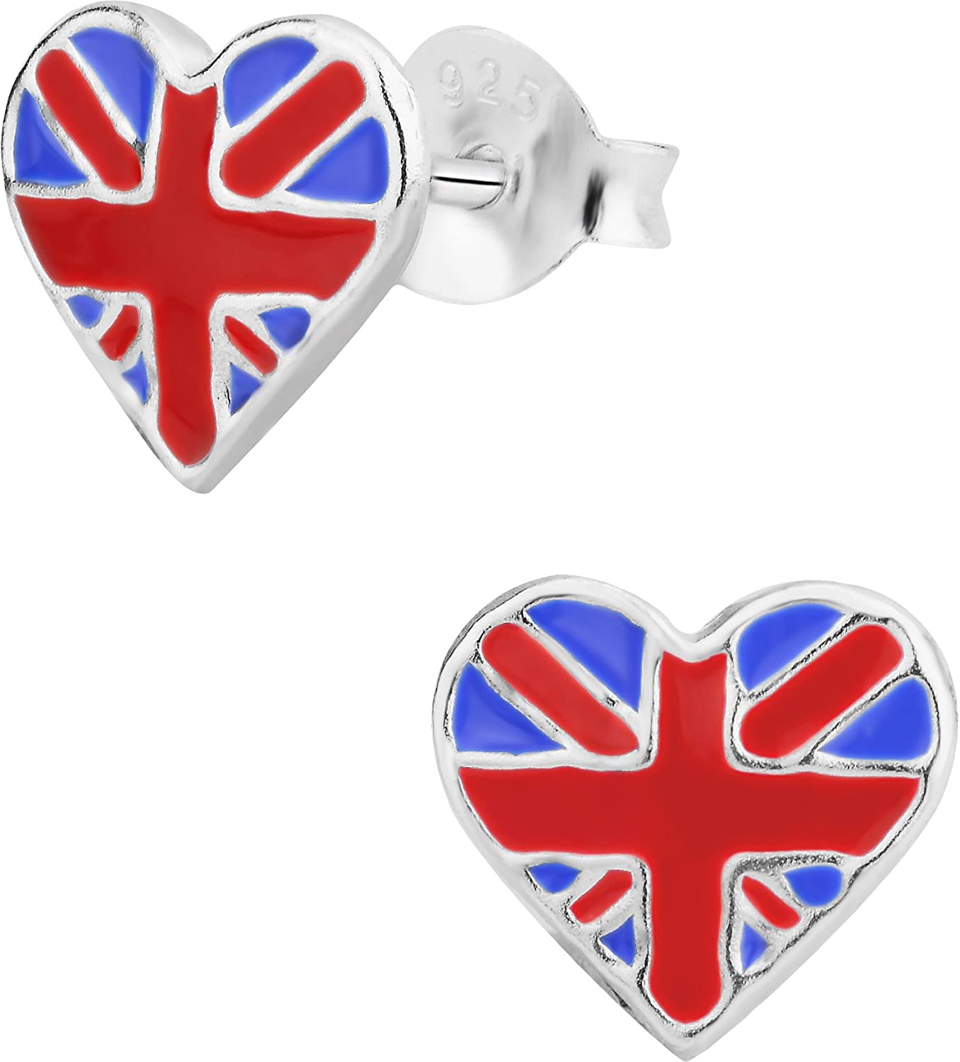 Hypoallergenic Sterling Silver British Flag Heart Stud Earrings for Kids (Nickel Free)