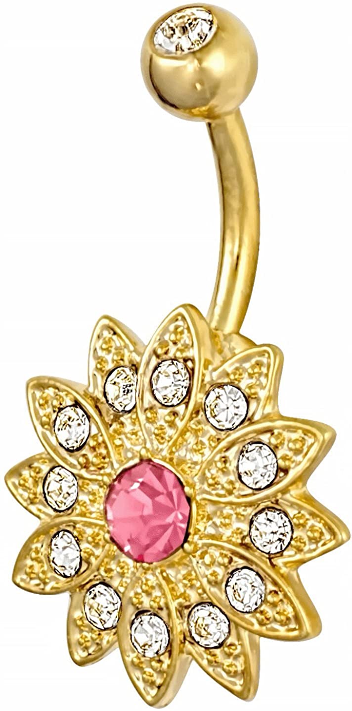 Forbidden Body Jewelry 14Kt Gold Plated 316L Surgical Steel Pave CZ Simulated Diamond Crystal Sun Flower Belly Ring