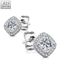 .925 Sterling Silver Square Halo Cushion Cut CZ Crystal Stud Earrings