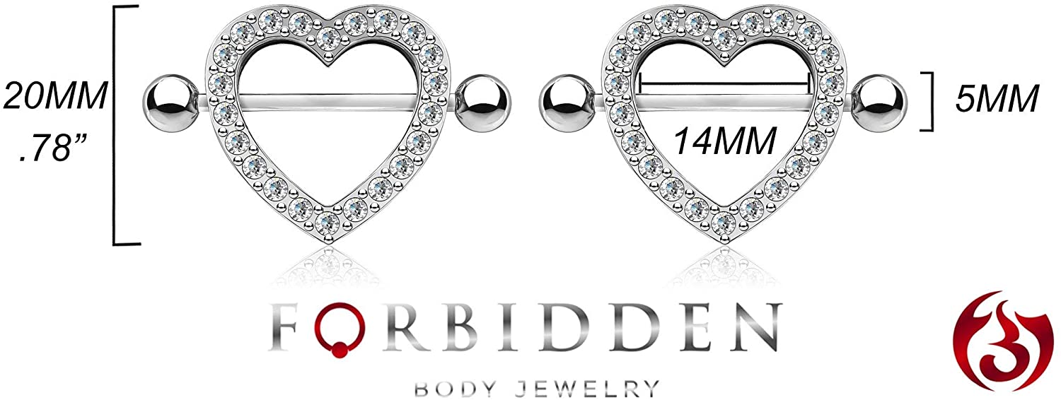 Forbidden Body Jewelry Surgical Steel CZ Crystal Heart Nipple Shield Barbells