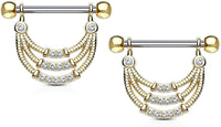 Forbidden Body Jewelry Pair of Surgical Steel 9/16 Inch (14mm) D-Ring Style Pave CZ Triple Rope Dangle Nipple Barbells