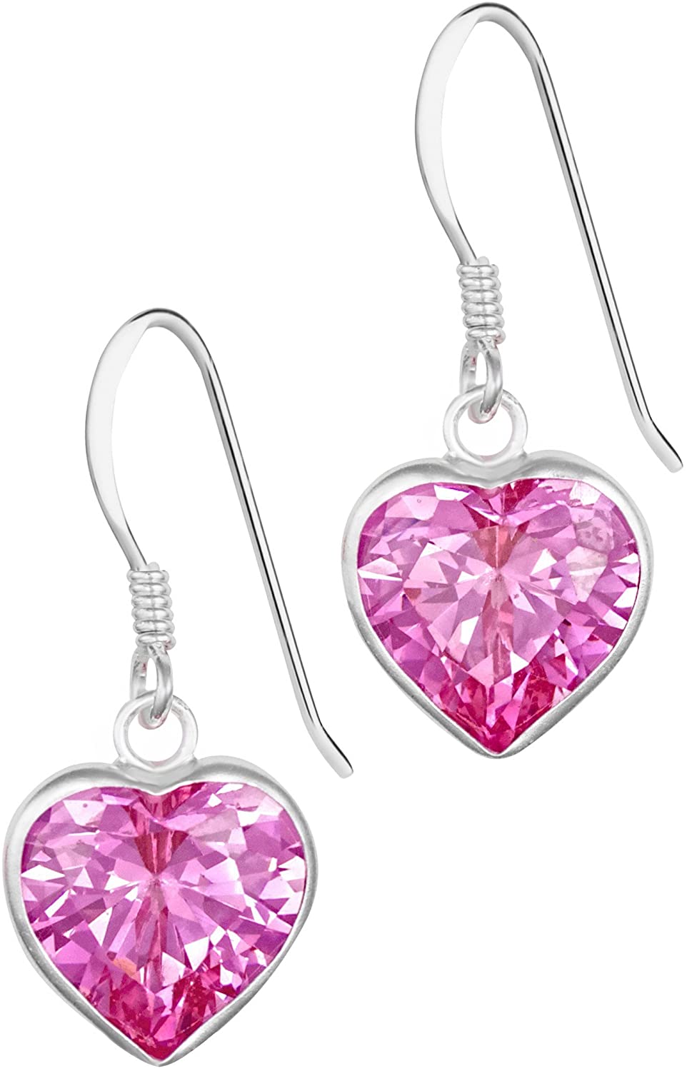 Hypoallergenic Sterling Silver Pink CZ Heart Dangle Earrings for Kids (Nickel Free)