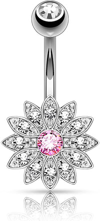 Forbidden Body Jewelry Surgical Steel Crystal Paved Petite Flower Belly Ring with Crystal Center