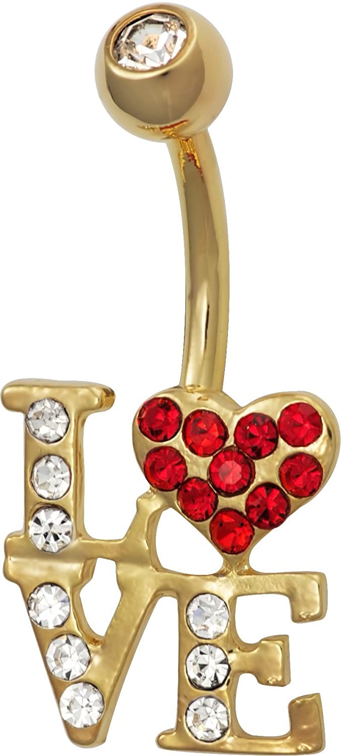 Forbidden Body Jewelry 14kt Gold Plated Love Logo Surgical Steel Pave CZ Heart Belly Button Ring