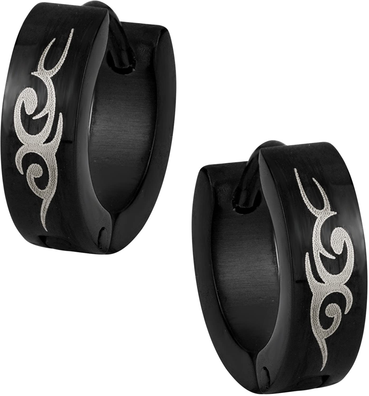 316L Surgical Steel Anodized Black Tribal Symbol Hoop Earrings for Men