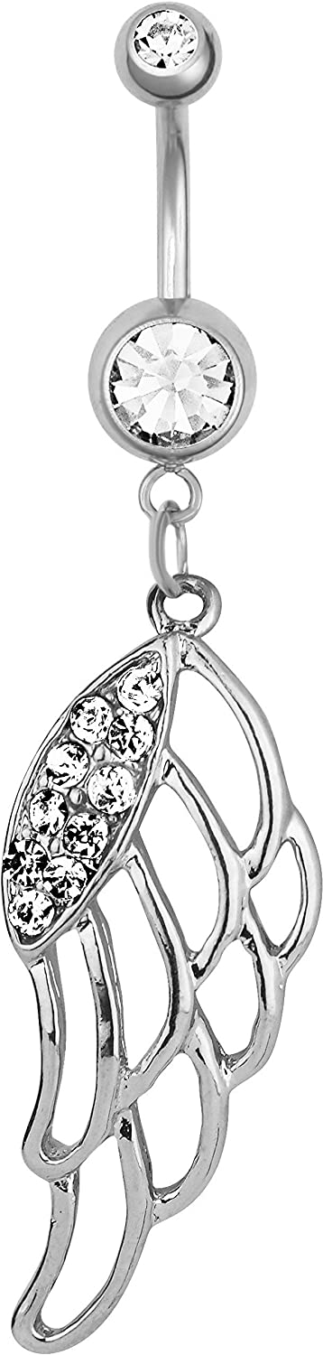 Surgical Steel CZ Pave Jeweled Angel Wing Dangle Belly Button Ring