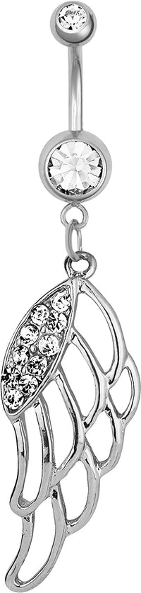 Surgical Steel CZ Pave Jeweled Angel Wing Dangle Belly Button Ring